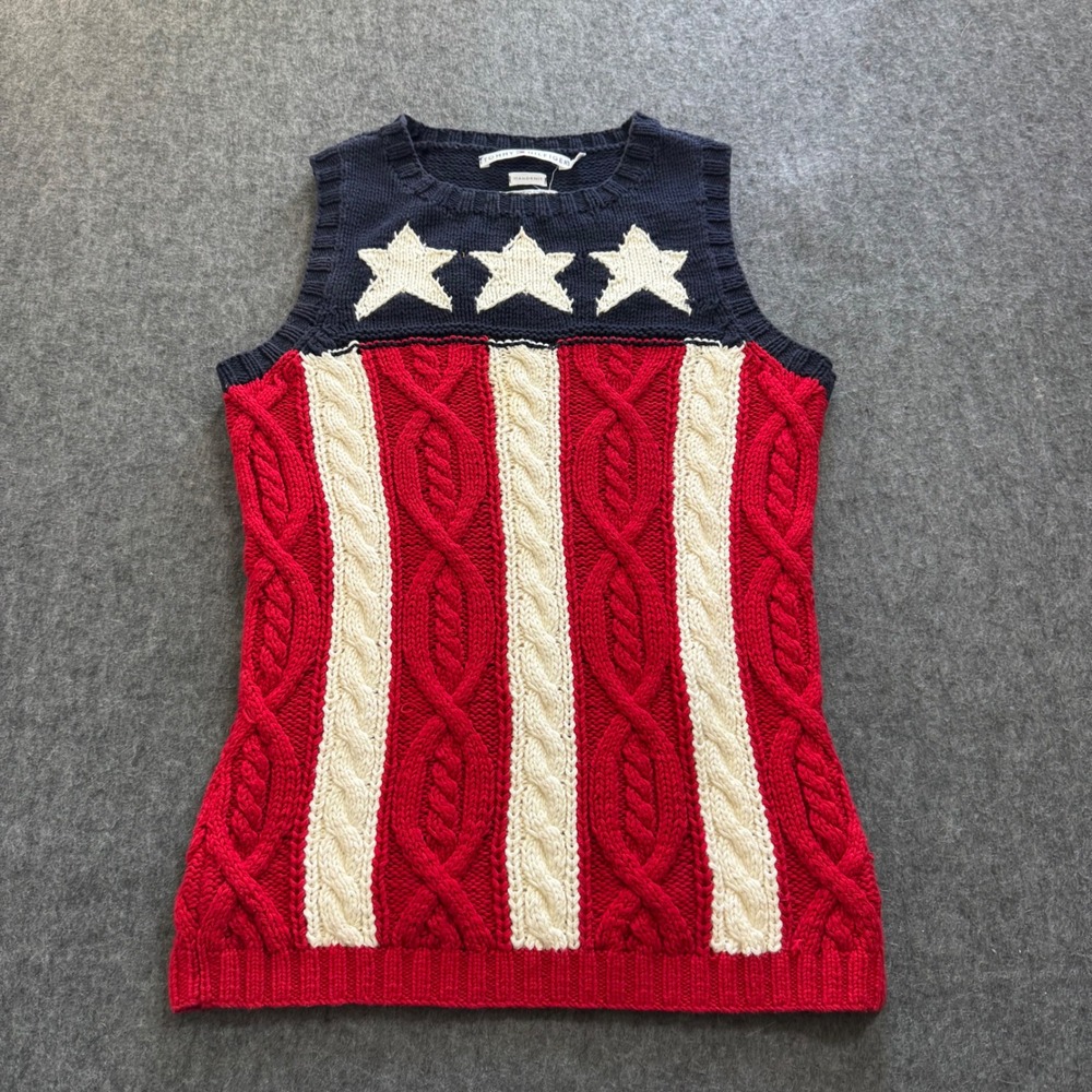 VTG 90s RARE Tommy Hilfiger Handknit American Flag Tank Vest Red White Blue XL